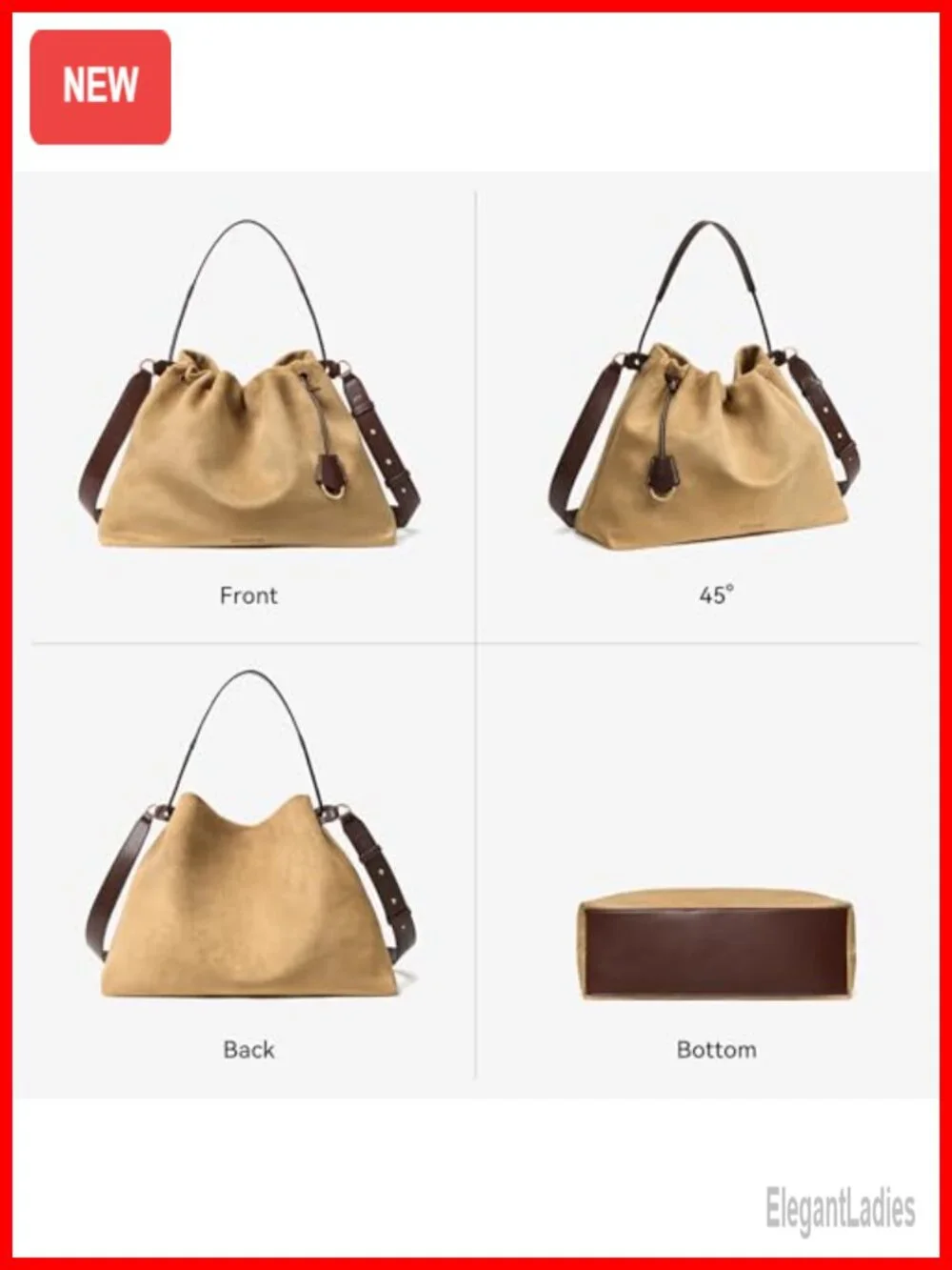 Faux Suede Vegan Leather Slouchy Hobo Drawstring Crossbody Shoulder Bag